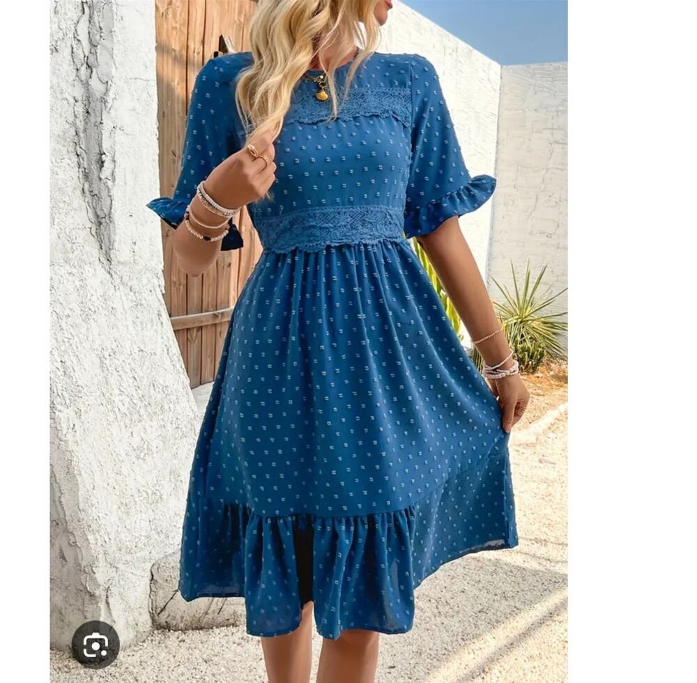 SHEIN Swiss Dot Dress Large Teal Blue Lace Trim Ruffle Cottagecore Boho Milkmaid
